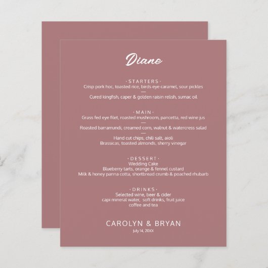 Menu de mariage simple et élégant Rose du désert (Devant / Derrière)