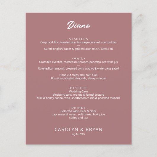 Menu de mariage simple et élégant Rose du désert (Devant)