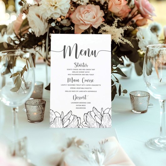Menu de mariage simple floral moderne