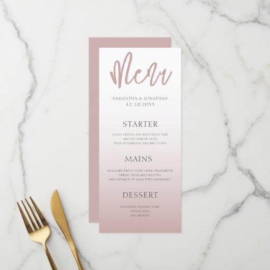 Menu de mariage simple moderne or rose (Devant/Arrière en situation)