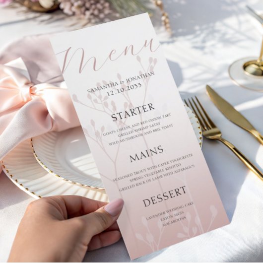 Menu de mariage simple moderne or rose pour dîner