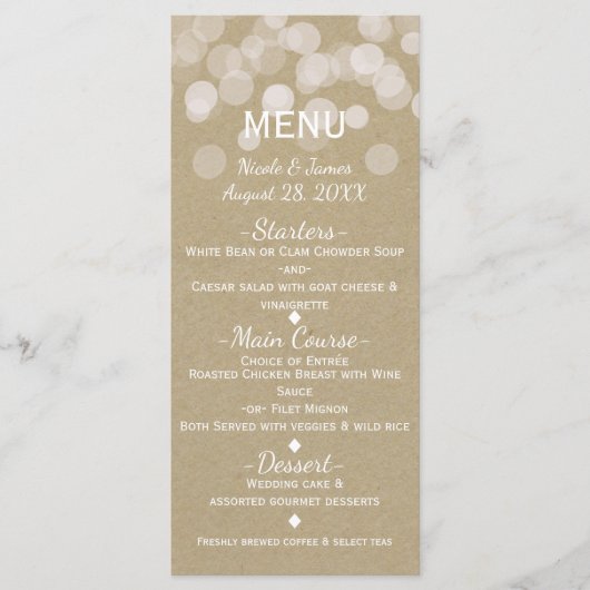Menu de mariage simple rustique avec lumières en p (Devant)