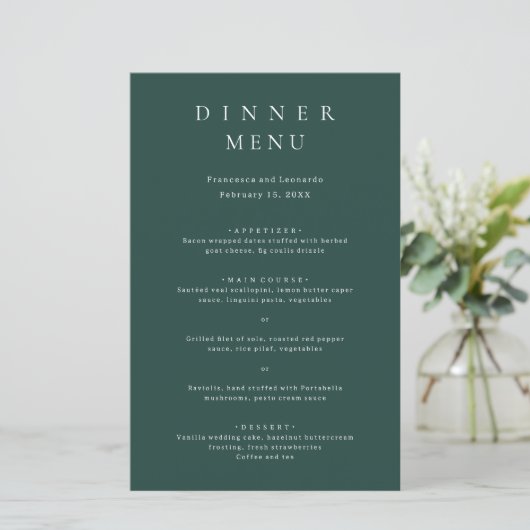 Menu de mariage simple vert émeraude classique (Debout devant)