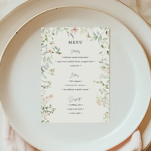 Menu de mariage simple vintage rustique aux fleurs