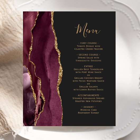 Menu de mariage sombre Burgundy Gold Agate