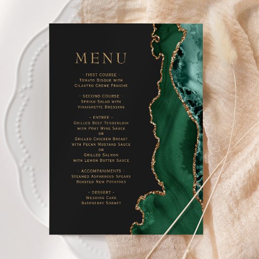 Menu de mariage sombre en agate dorée vert émeraud