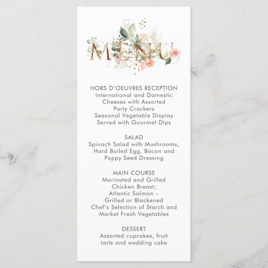 Menu de mariage stylisé avec fleurs rose et blanc  (Devant)