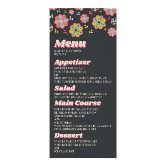 Menu de Mariage Super rétro de Flower Power 70's (Devant)