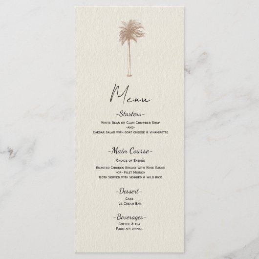 Menu de mariage sur la plage au thème de palmiers (Devant)