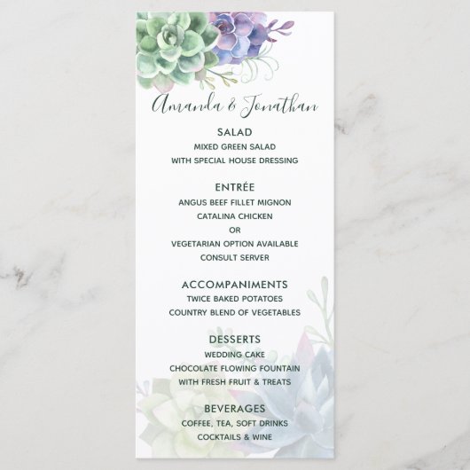 Menu de mariage sur les cactus succulents à l'aqua (Devant)