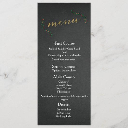 Menu de mariage tableau noir de Noël avec du houx (Devant)