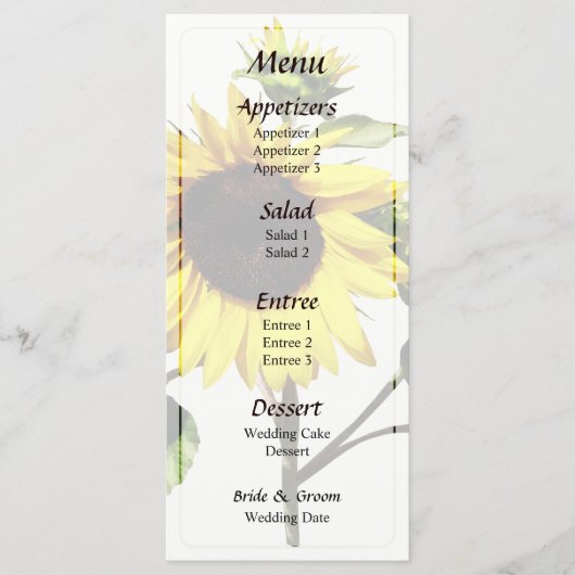 Menu de mariage Tournesol faisant une révérence (Devant)