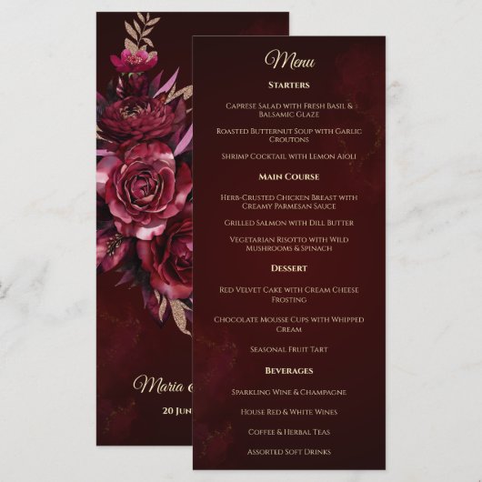Menu de mariage traditionnel floral burgundy (Devant / Derrière)