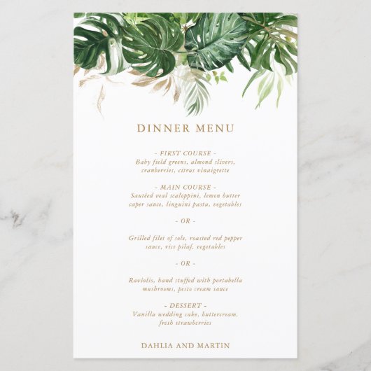 Menu de mariage tropical à la verdure dorée modern (Devant)