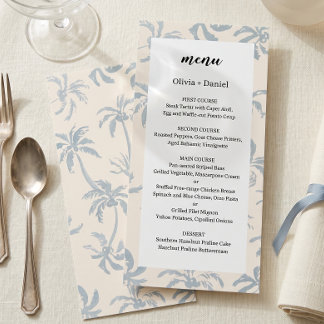 Menu de mariage tropical côtier bleu poussiéreux é