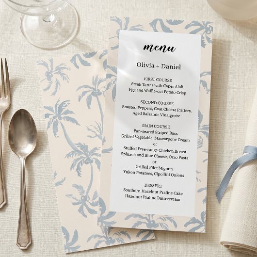 Menu de mariage tropical côtier bleu poussiéreux é