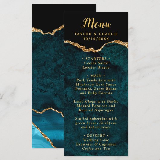 Menu de mariage Turquoise et Agate dorée (Devant / Derrière)