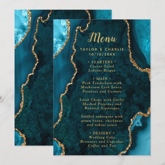 Menu de mariage Turquoise et Agate dorée (Devant / Derrière)