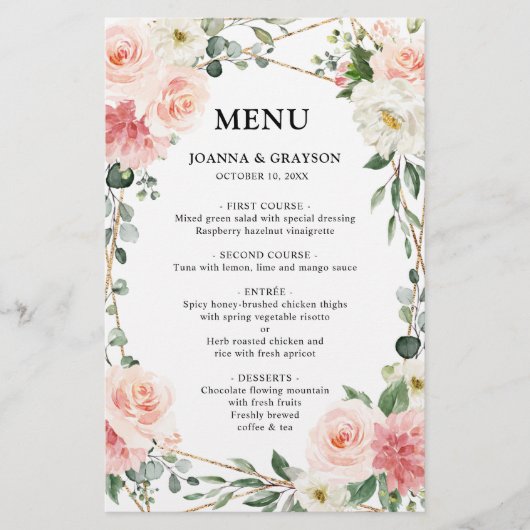 Menu de Mariage végétal géométrique rose pâle (Devant)