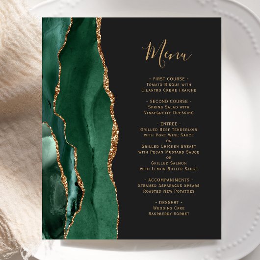 Menu de mariage vert émeraude doré sombre et écono