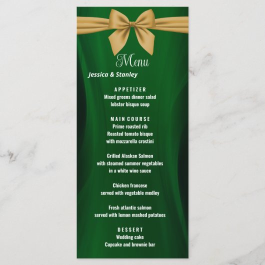 Menu de mariage vert émeraude et or (Devant)