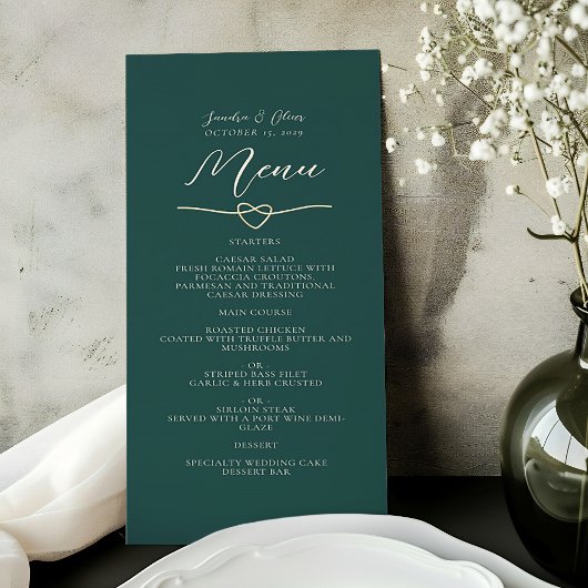 Menu de mariage vert émeraude et or