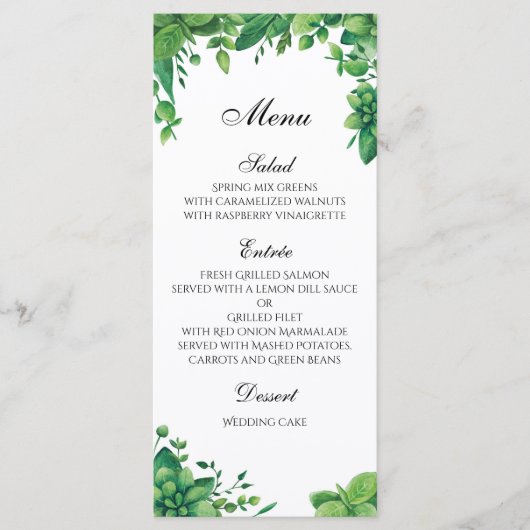 Menu de mariage vert en plein air. Menu de dîner d (Devant)
