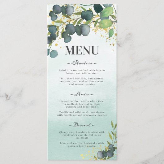 Menu de mariage vert eucalyptus or (Devant)