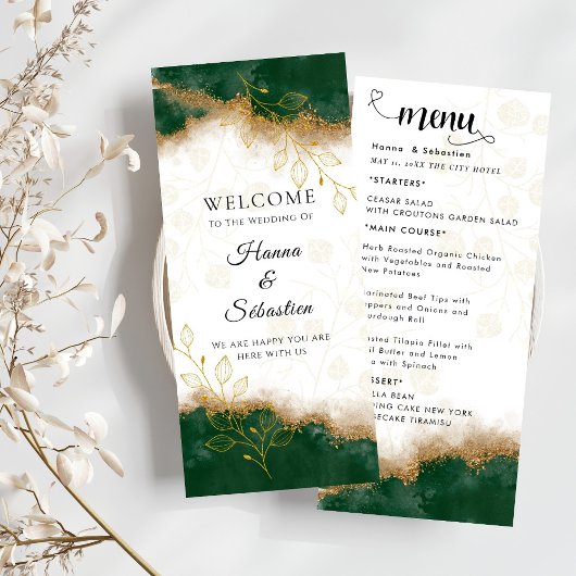 Menu de mariage vert foncé et or