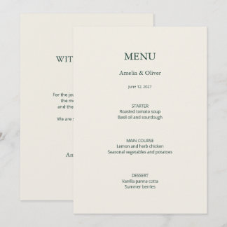 Menu de mariage vert ivoire avec remerciement au v