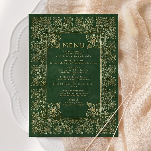 Menu de mariage vert or vintage