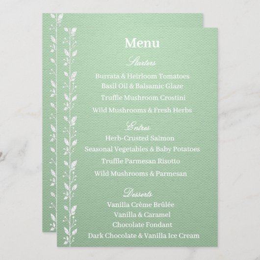 Menu de mariage vert pistache élégant (Devant / Derrière)