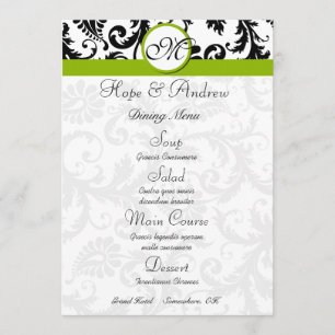 Menu de mariage vert pomme à tourbillon en damas n