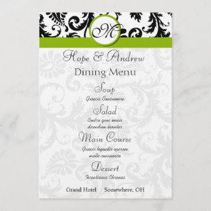 Menu de mariage vert pomme à tourbillon en damas n