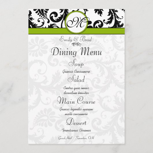 Menu de mariage vert pomme avec tourbillon en dama (Devant)