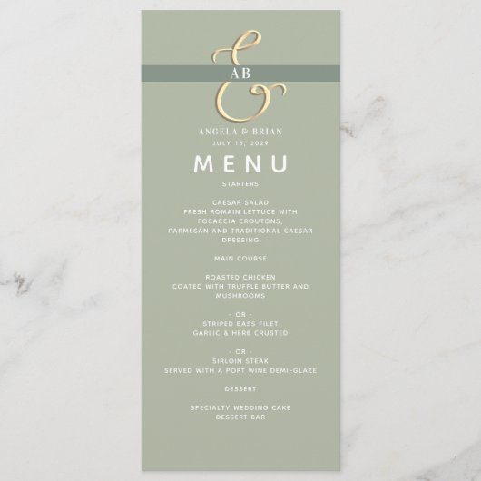 Menu de mariage vert sauge moderne (Devant)