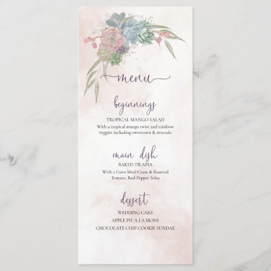 Menu de mariage vert succulent et rose (Devant)