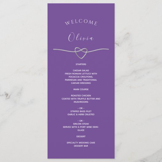 Menu de mariage violet avec nom et cœur argenté (Devant)