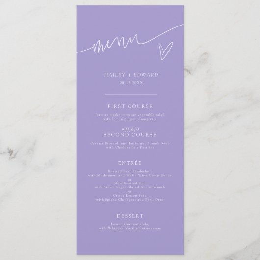 Menu de mariage violet de script moderne (Devant)