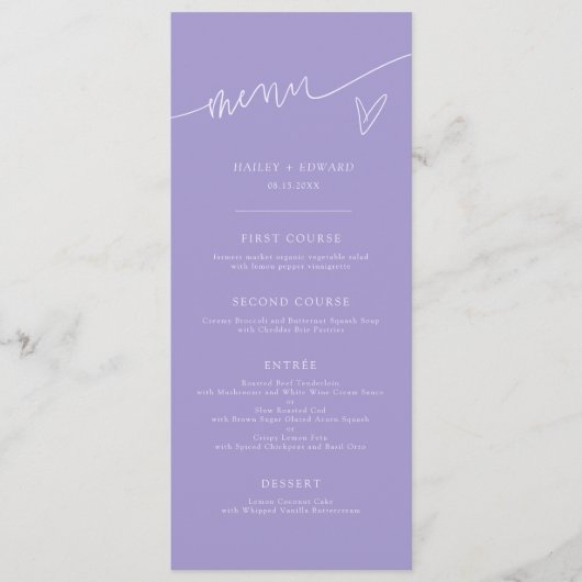 Menu de mariage violet de script moderne (Devant)