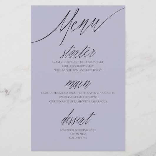 Menu de mariage violet élégant avec calligraphie (Devant)