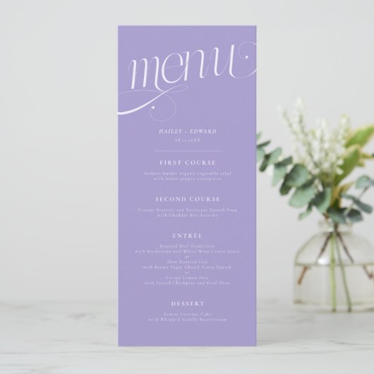 Menu de mariage violet élégant en spirale (Debout devant)