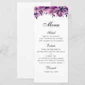 Menu de mariage violet. Menu de dîner floral aquar (Devant / Derrière)
