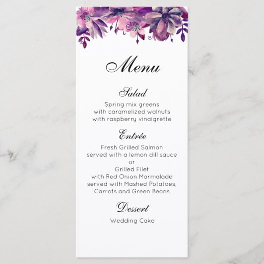 Menu de mariage violet. Menu de dîner floral aquar (Devant)