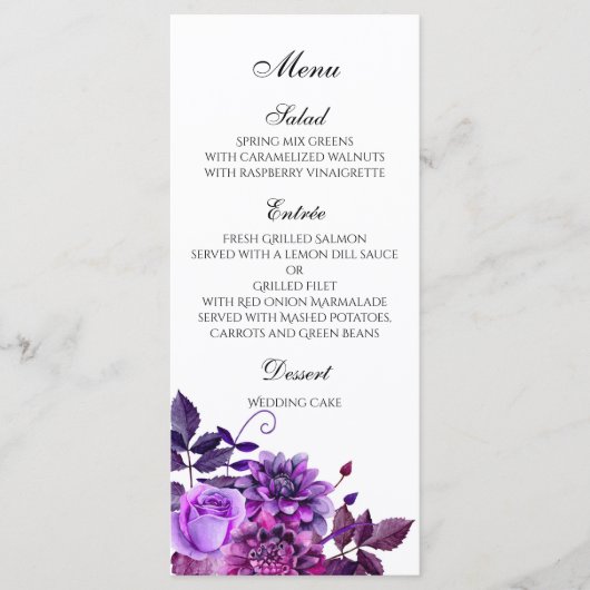Menu de mariage violet Menu de dîner floral Décor (Devant)