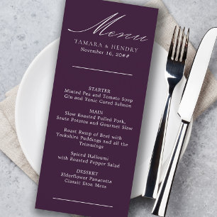 Menu de mariage violet simple calligraphié
