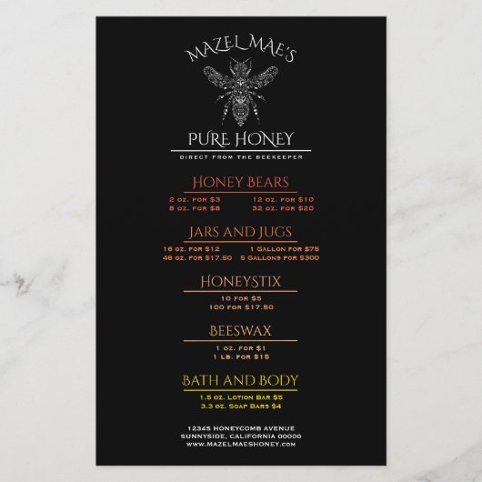Menu de miel Apiary personnalisé (Devant)