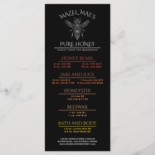 Menu de miel de l'apiarium personnalisé (Devant)