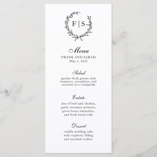 Menu de monogramme traditionnel en noir et blanc (Devant)