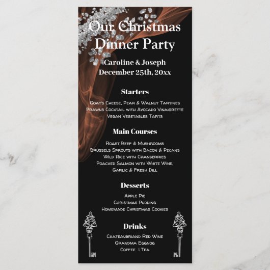 Menu de Noël chic noir et argent avec arbre de Noë (Devant)